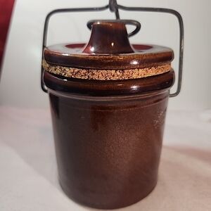 Vtg pottery crock brown metal clamp jar lid